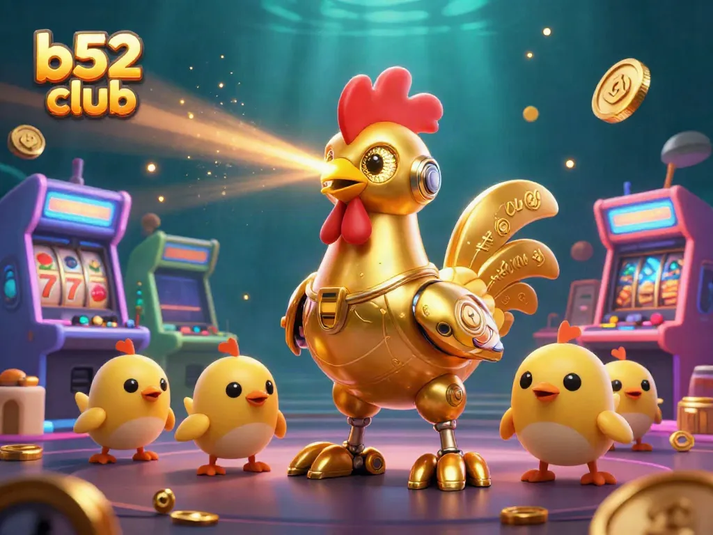 Experience thrilling action at b52 club with a vibrant scene featuring a golden rooster robot and casino game elements.