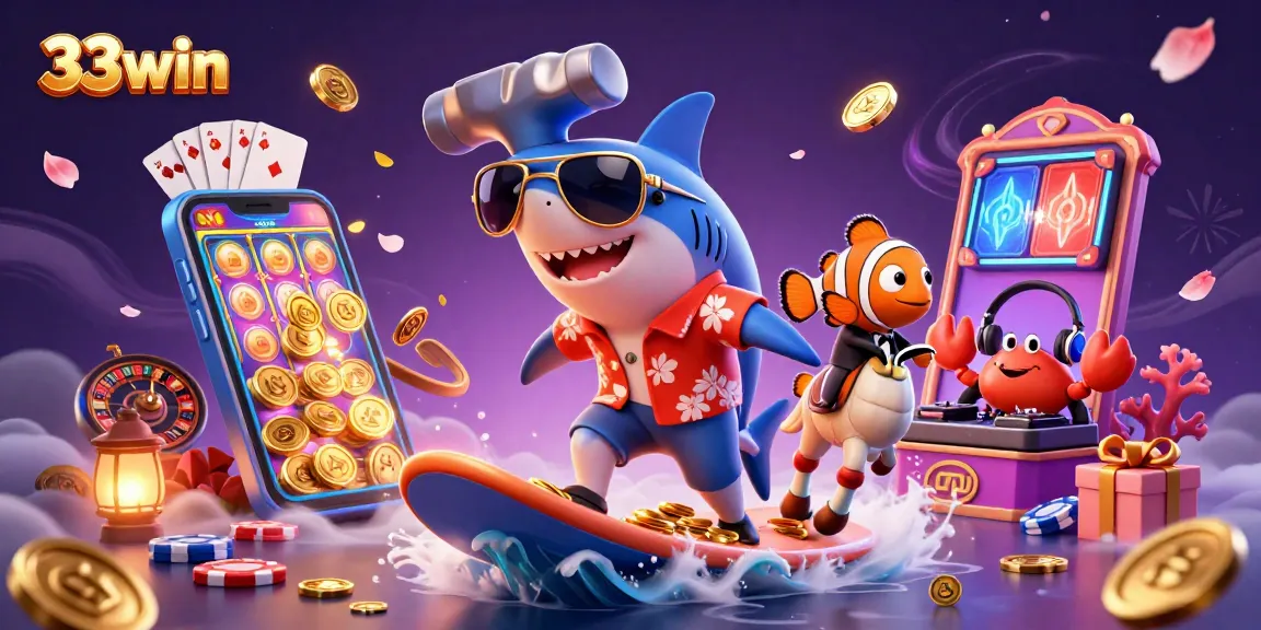Experience the excitement of 33win's vibrant casino atmosphere with the 3D hammer-head shark surfing coins.
