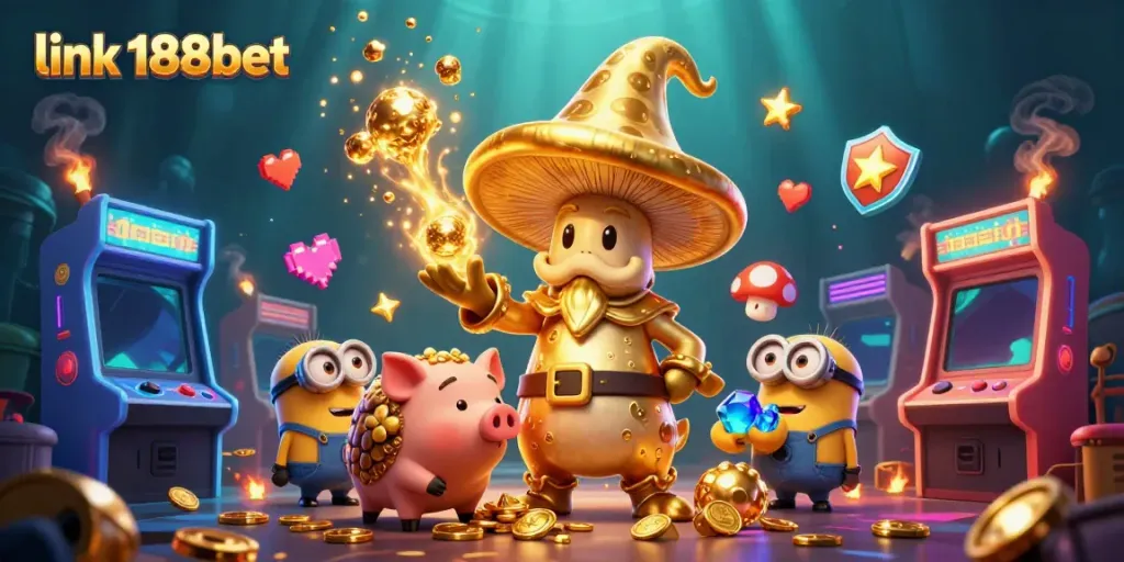 Immerse in the world of link 188bet with a magical golden mushroom wizard, truffle pig, and dynamic casino elements.