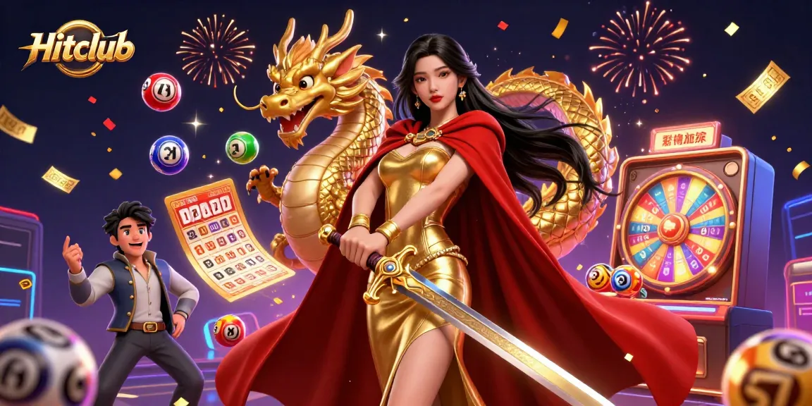 Engage with Hitclub's thrilling lottery and gaming experience featuring vibrant elements and a warrior queen.