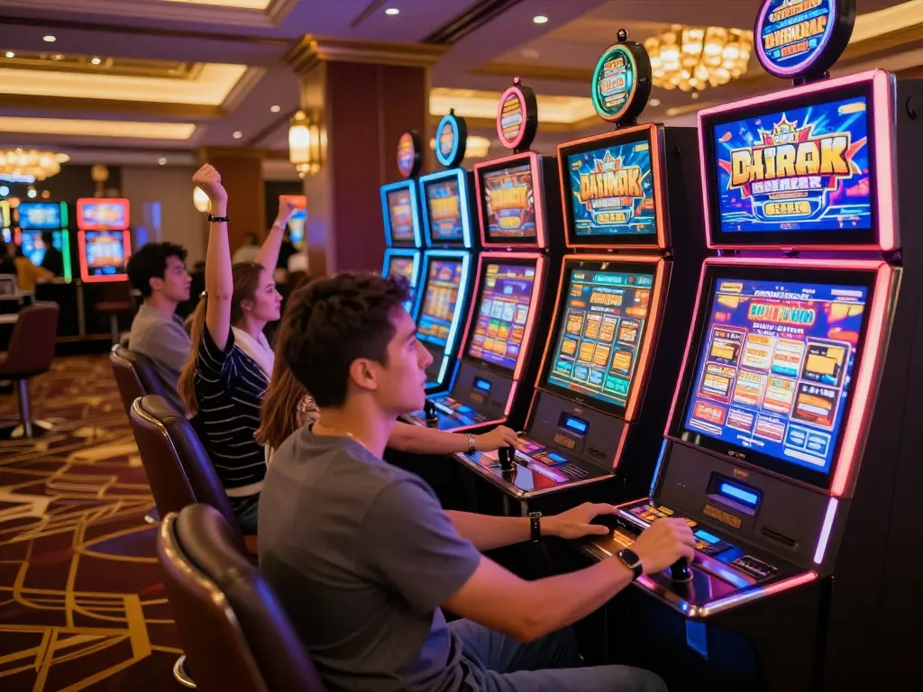 Enjoying Slot IDCJOKER gameplay amidst vibrant casino atmosphere with colorful machines and players.