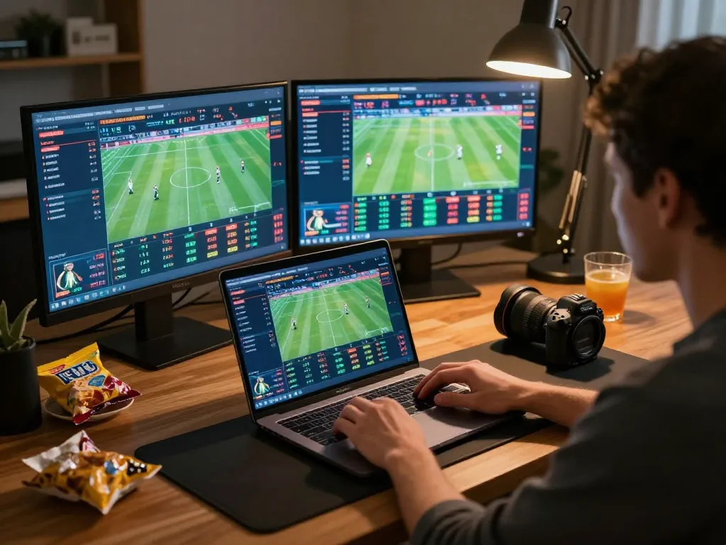 Engaging in strategic betting on UG DEWA through laptop, immersed in online sports betting.