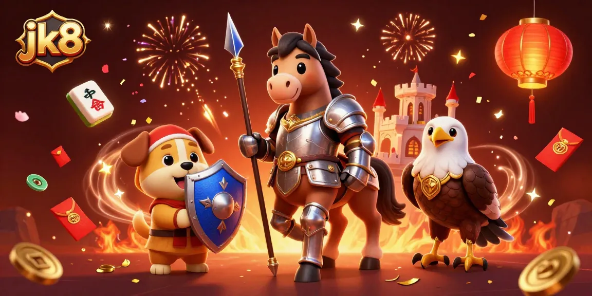 Engage with jk8-themed celebratory casino illustration featuring knights, festive elements, and vibrant atmosphere.