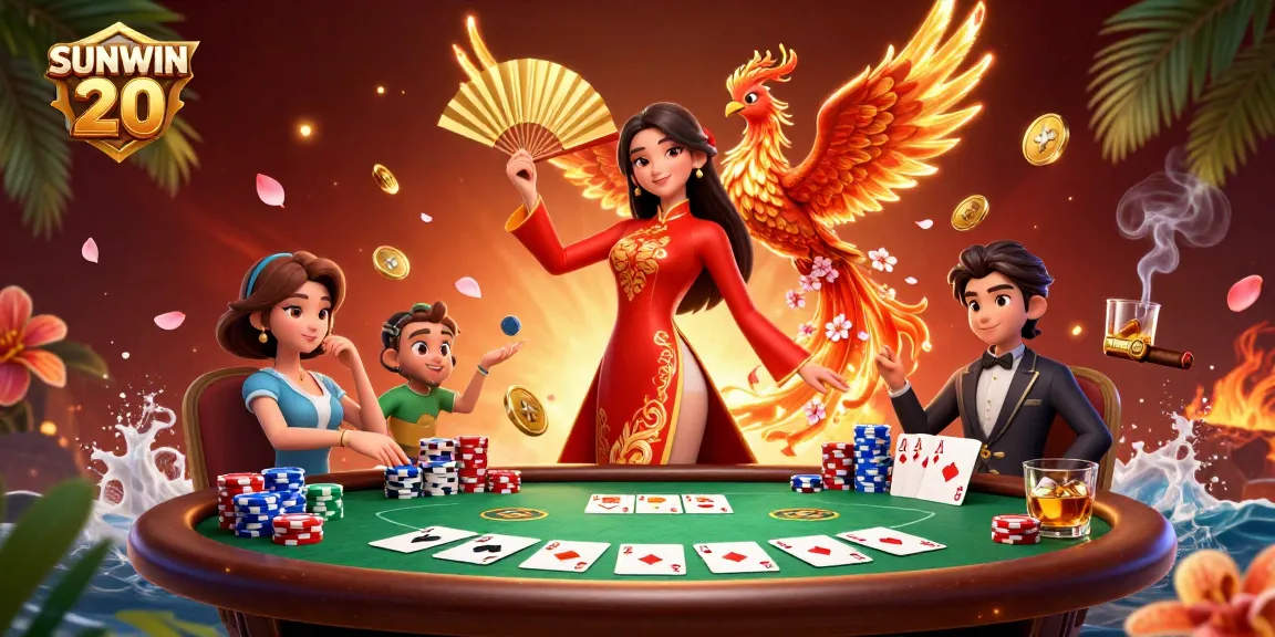 Engage in epic gaming action with SUNWIN 20 amidst vibrant casino elements and colorful prizes.