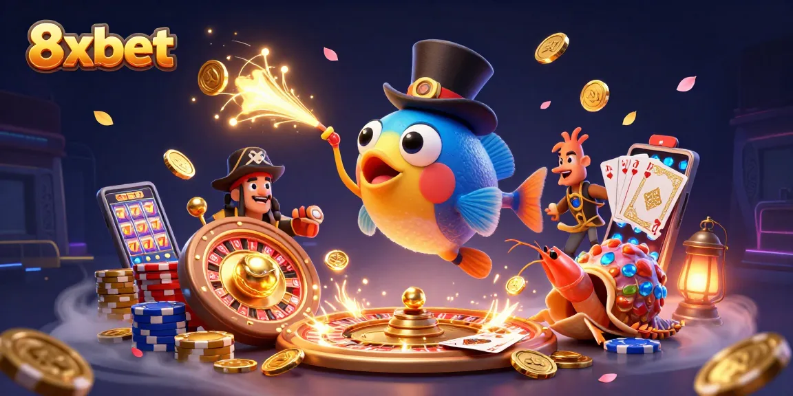Experience the thrill of winning with 8xbet, where glowing lures attract treasures in a vibrant casino illustration.