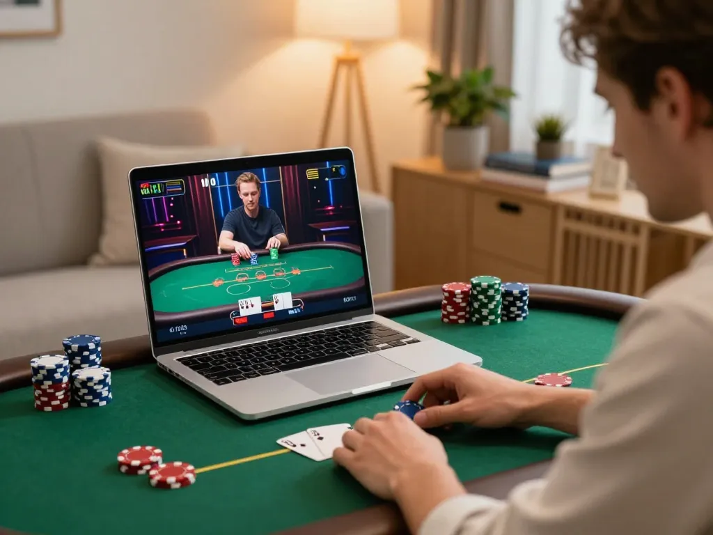 B52club player enjoying online poker in a cozy home setting, showcasing strategic gameplay.
