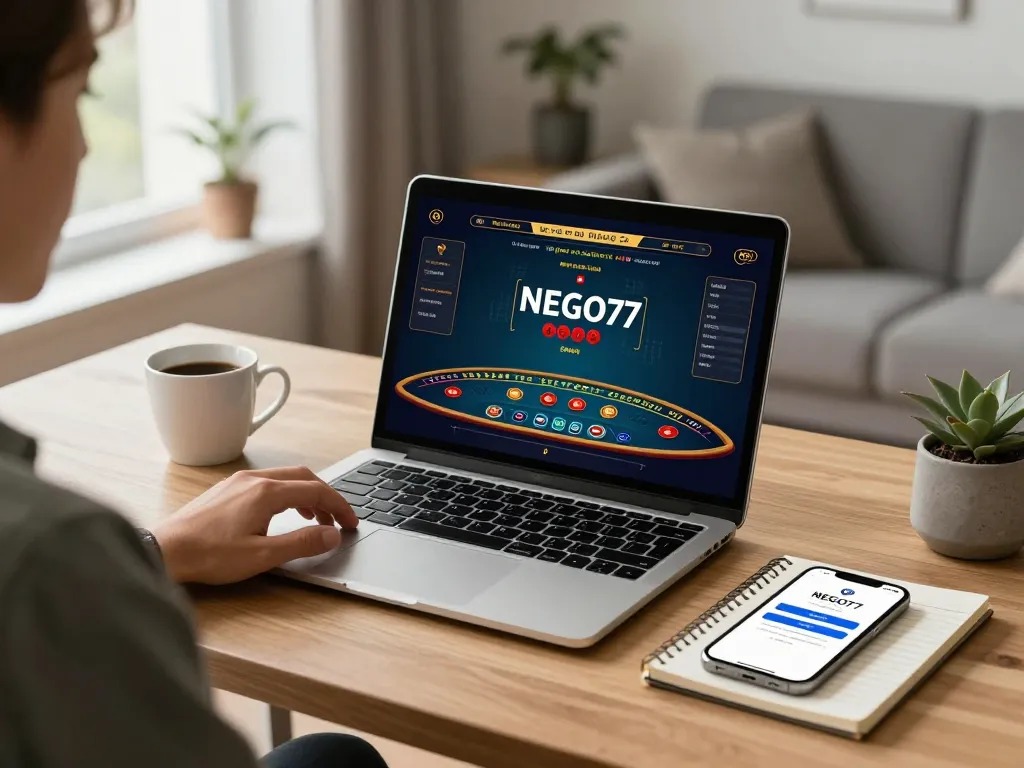 Nego77 login in action as a player engages with live dealer blackjack at a stylish home office.