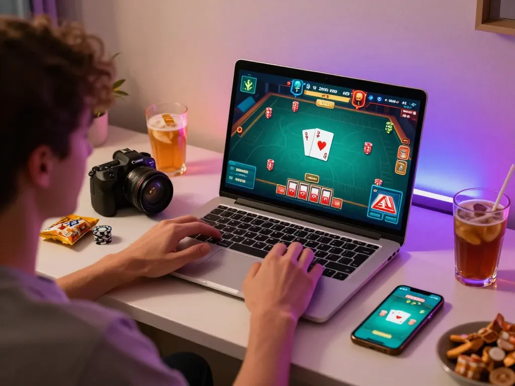 Playing a thrilling game online in a cozy setup with snacks and drinks for an immersive experience.