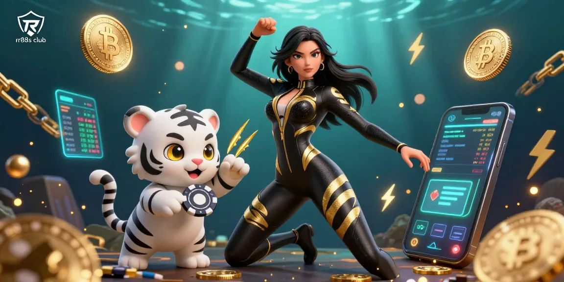 Win big at rr88s club with an exciting gaming scene featuring a dynamic woman and baby tiger.