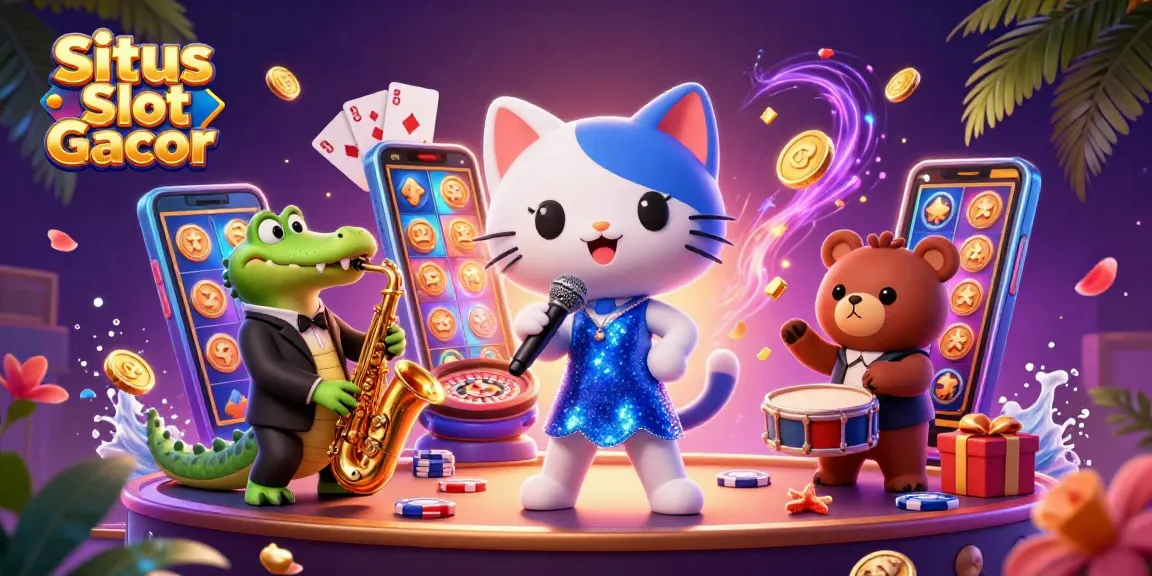 Situs Slot Gacor featuring a jazzy cat singer, saxophone crocodile, and drum bear cub in a lively casino scene.