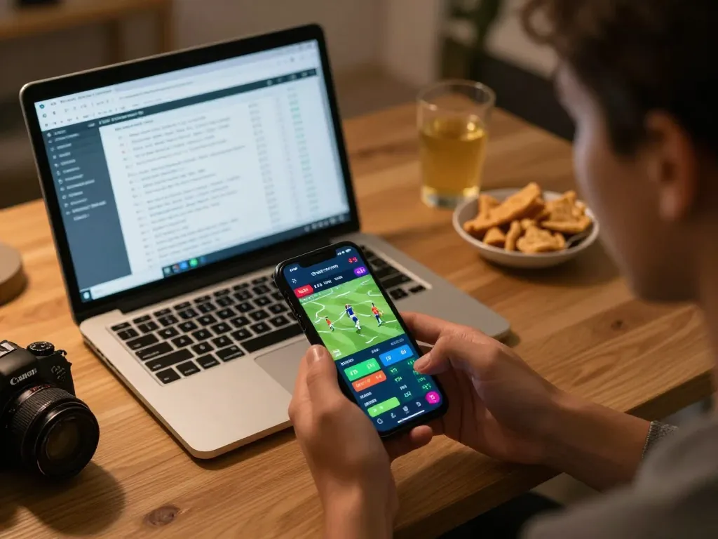 Engaged user analyzing kèo nhà cái on a smartphone for live sports betting in a cozy home office.