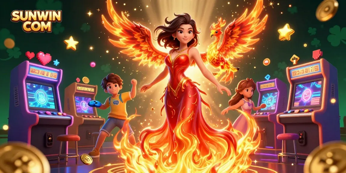 SUNWIN COM illustrates vibrant casino gaming with a stunning character, arcade machines, and energetic game elements.