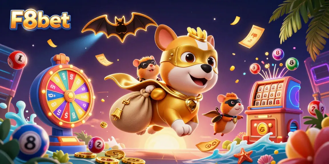 Win big with F8bet in this lively illustration featuring a superhero dog and vibrant casino elements.