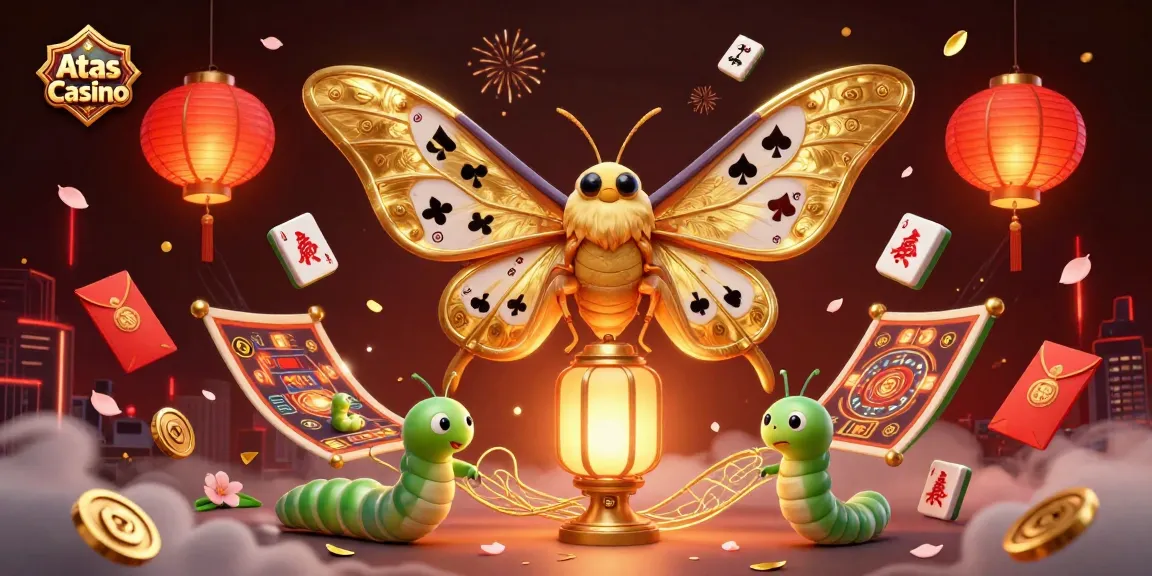 Atas Casino showcases a vibrant 3D illustration featuring a majestic atlas moth and golden gaming elements while players enjoy their lucky spins.