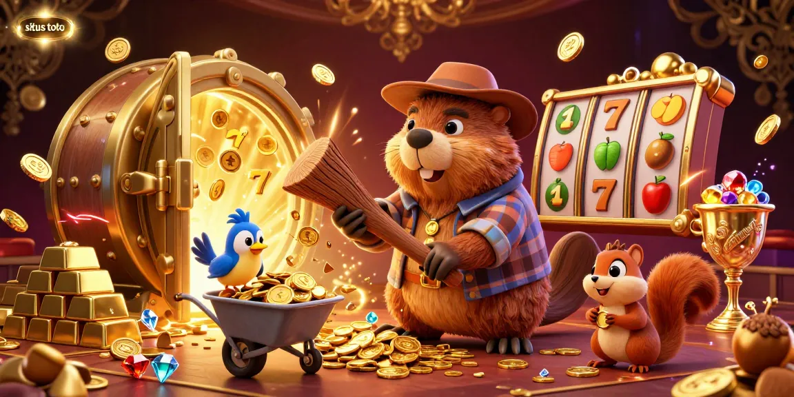 Experience the excitement of situs toto with a bustling scene featuring a beaver and friends in a vibrant casino setting.