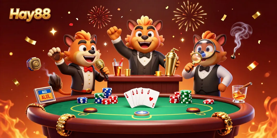 Experience the excitement of Hay88's online casino with colorful hyenas engaging in a vibrant gambling scene.