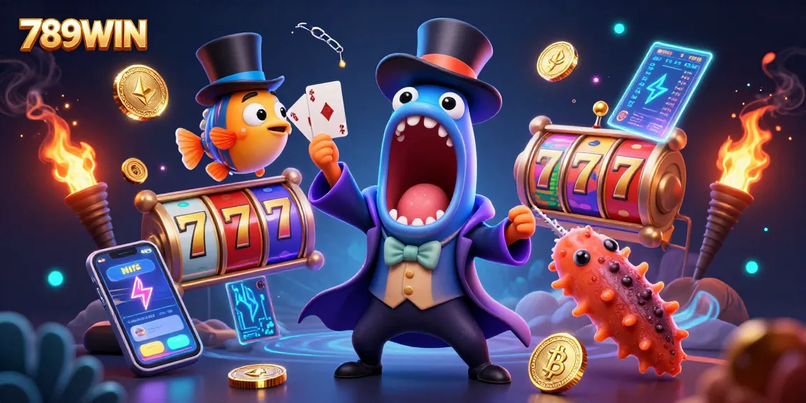 Experience the magic of casino gaming with 789WIN's bioluminescent eel performing card tricks in a vibrant scene.