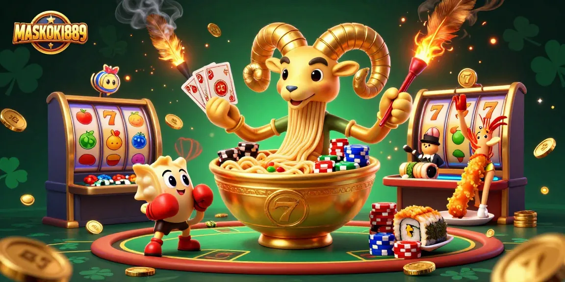 Engage in thrilling gameplay at MASKOKI889 with exciting slot machines and vibrant casino characters.