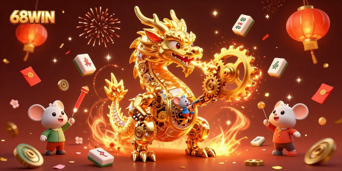 Engage with 68WIN's vibrant 3D casino world featuring a golden dragon amid festive elements.