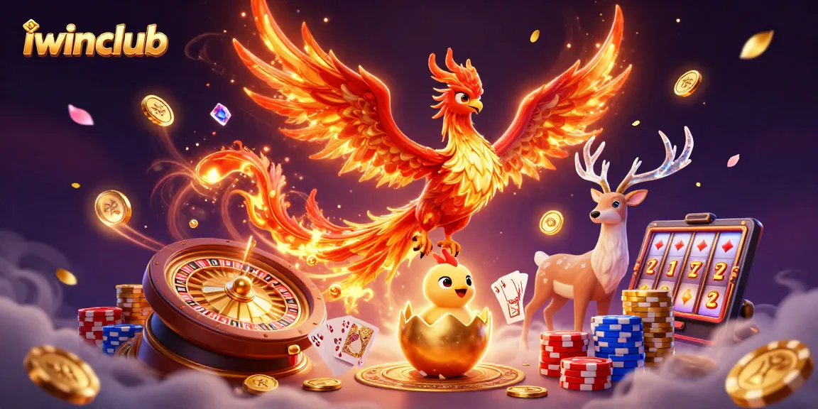 Iwinclub showcases exciting gaming with a phoenix, rare gems, and casino elements.