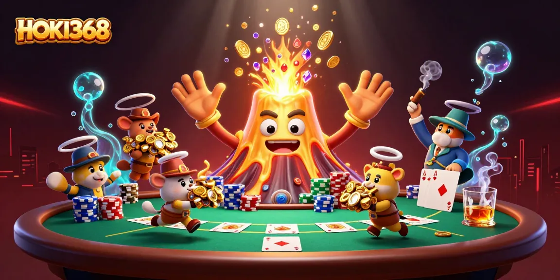 Engage with HOKI368 as a golden volcano erupts in a treasure-filled casino scene.