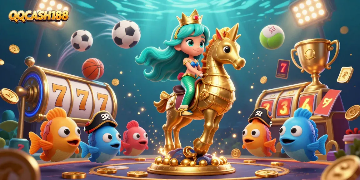 Experience excitement with QQCASH188 as the mermaid princess rides a giant seahorse amidst colorful, dynamic gambling elements.