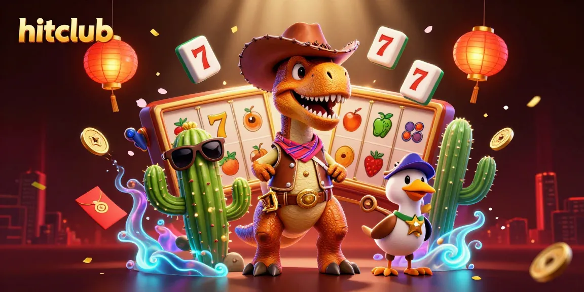 Experience thrilling slot action with hitclub's colorful 3D casino illustration featuring unique characters.
