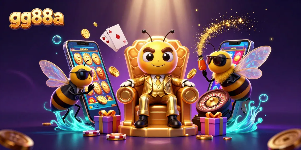 Engage with thrilling games at gg88a, featuring a surreal illustration of a bumblebee mob boss amidst casino action.