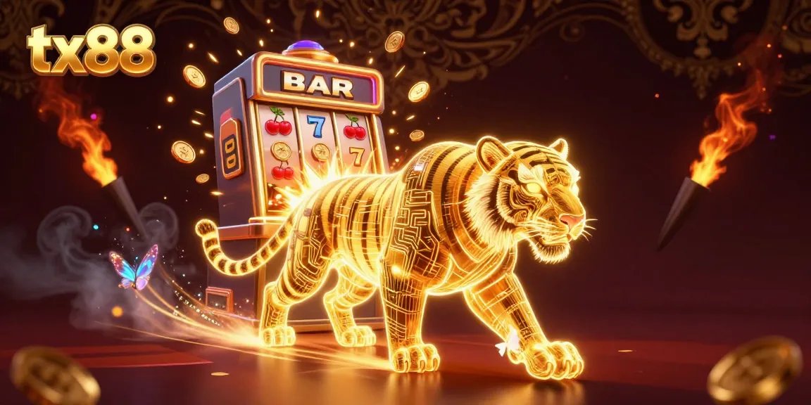 Experience the thrilling action of tx88 with a neon-wireframe tiger in a vibrant casino scene.