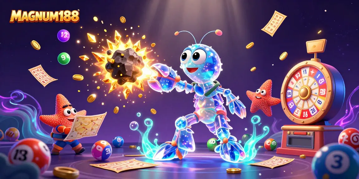 Experience the thrill of MAGNUM188's vibrant gambling scene filled with lottery balls, a prize wheel, and rewards.