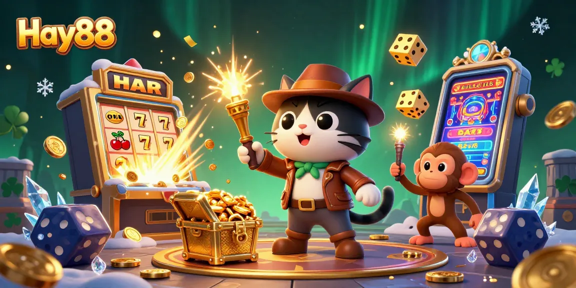 Engage with Hay88’s vibrant gaming world through this dynamic illustrated scene of thrilling casino adventures.
