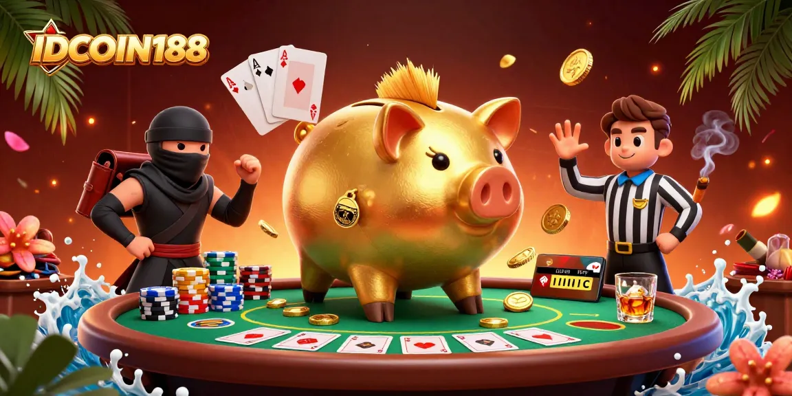 Experience the excitement of IDCOIN188's gaming with whimsical characters and vibrant casino elements.
