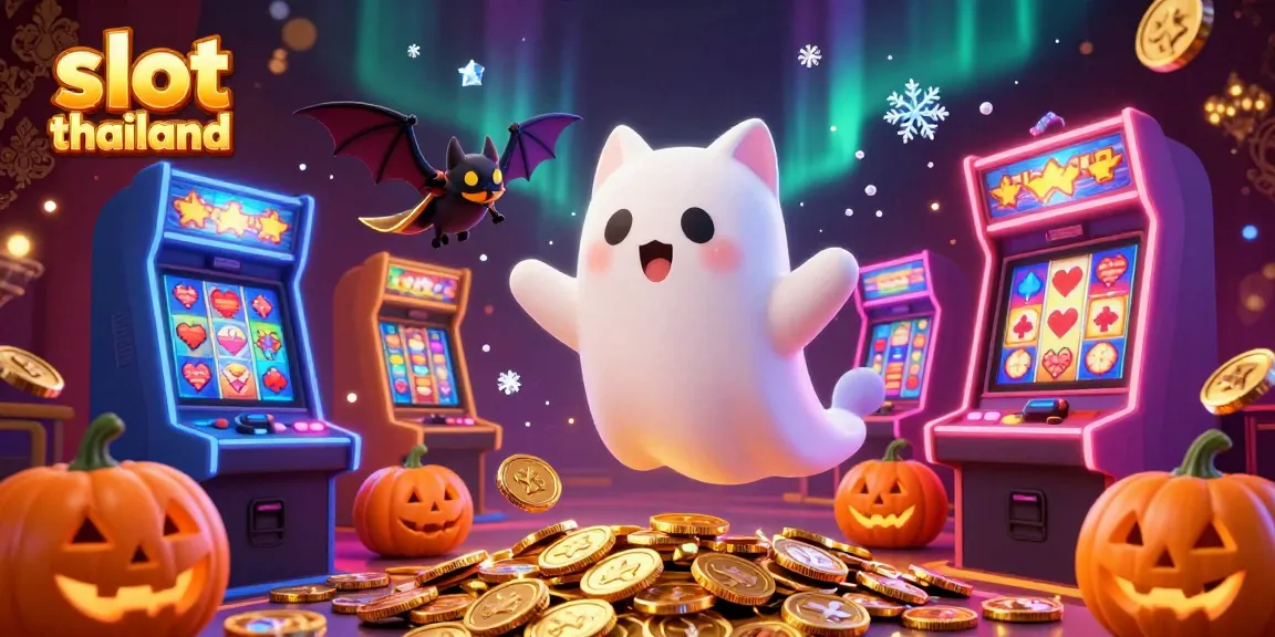 Experience thrilling gameplay at slot thailand with a vibrant ghost cat and glowing slot machines.