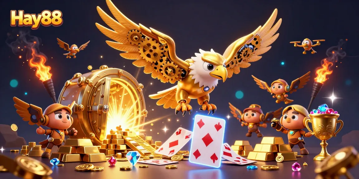 Experience winning thrills with Hay88 in a vibrant 3D aerial casino scene featuring gold and jewels.