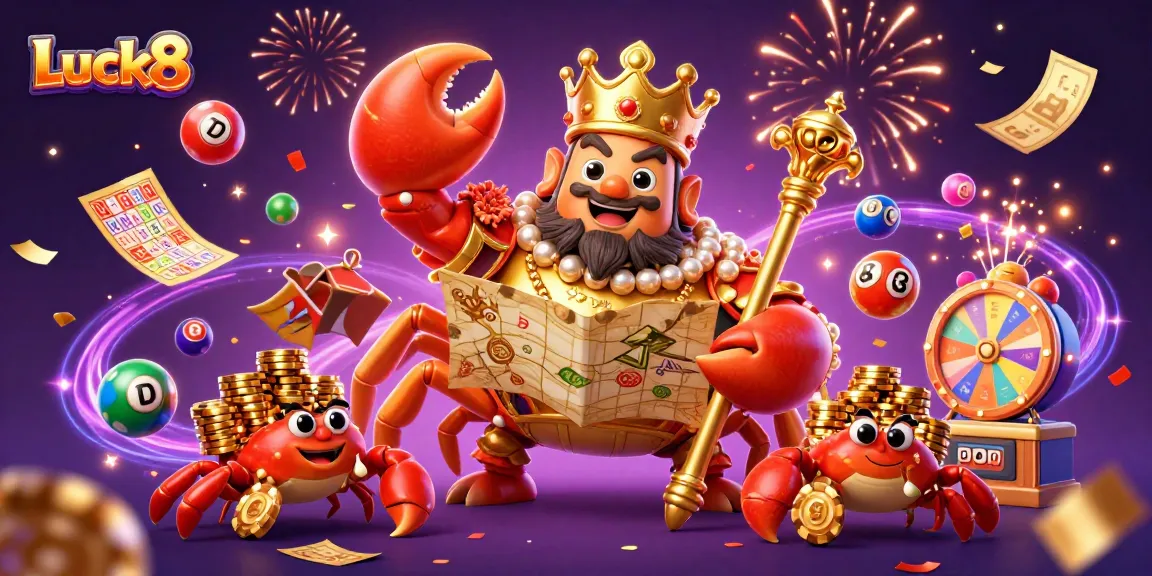 Luck8 brings excitement to gaming with a golden crab emperor amidst vibrant lottery elements.