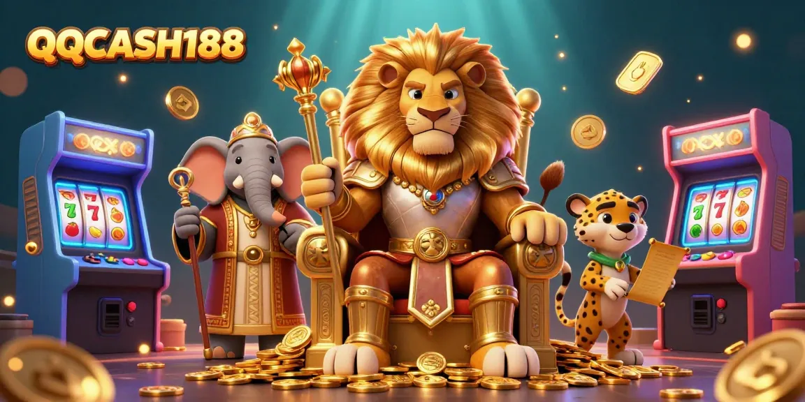 Experience thrilling gaming adventures with QQCASH188, surrounded by vibrant slot reels and arcade machines.