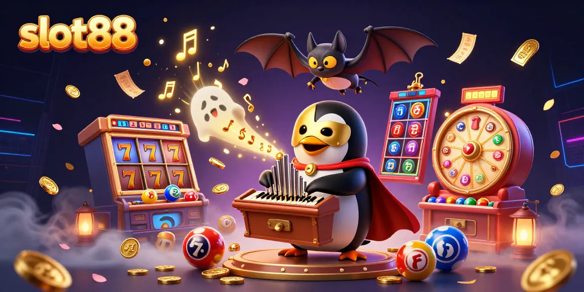 Experience thrilling moments at slot88 while watching a 3D cartoon penguin pour coins from a magical organ amidst vibrant casino elements.