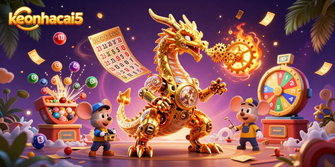 Experience the thrill of gambling with keonhacai5, featuring a golden dragon and colorful lottery elements.