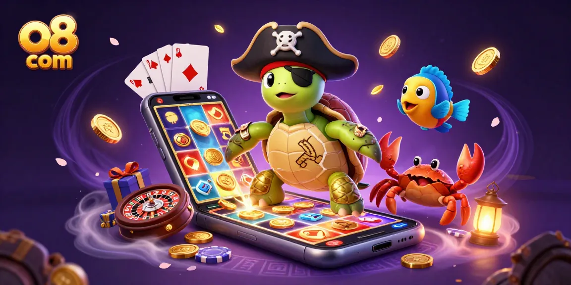 Explore the treasures of o8 com in this vibrant casino-themed underwater adventure illustration.