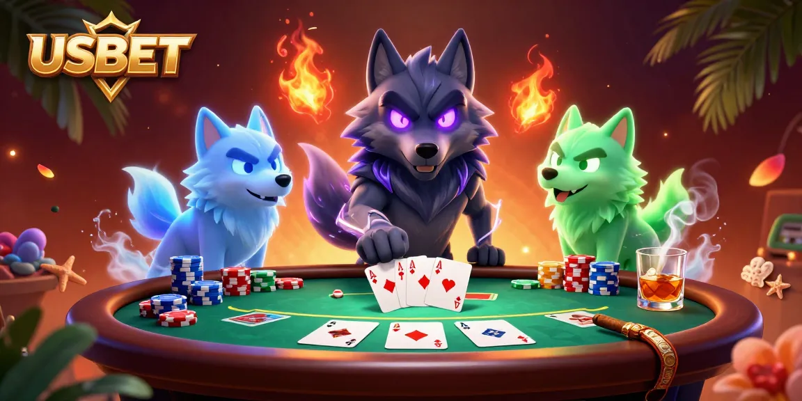 Experience thrilling poker action with USBET's vibrant 3D casino illustration featuring ghostly wolves.