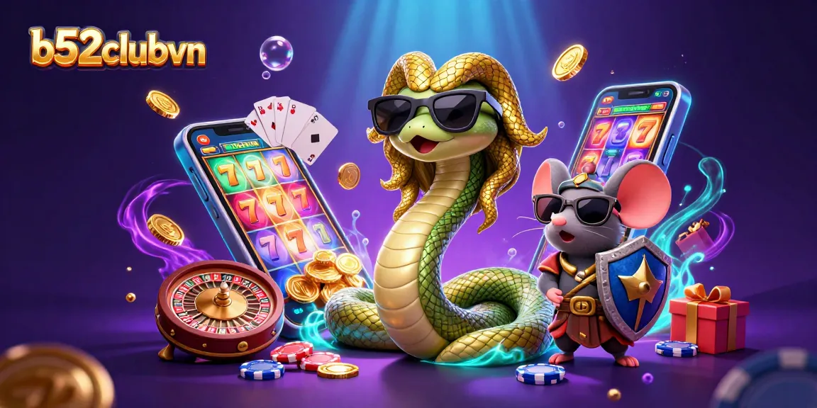 Play slots at b52clubvn with Medusa and a warrior mouse amidst vibrant casino games and golden coins.