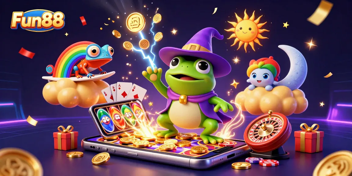 Fun88 showcases a dazzling scene with a weather wizard and chameleon amidst a flurry of winning casino elements.
