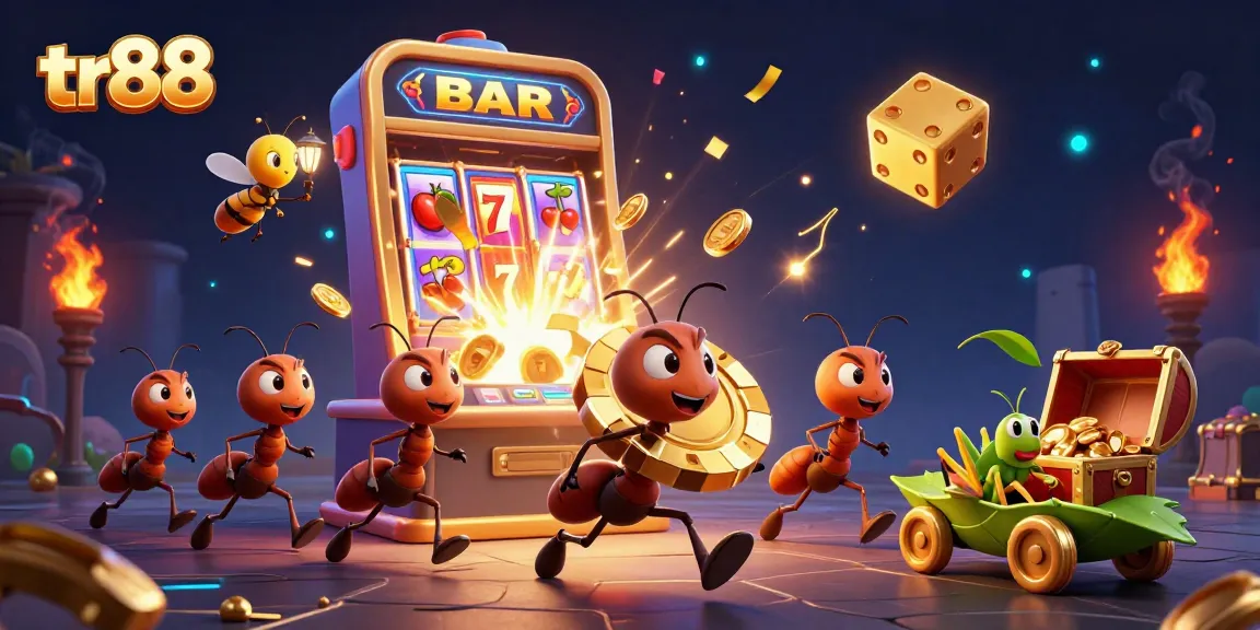 Experience thrilling action with tr88 as ants steal a golden poker chip amidst a dynamic casino scene.