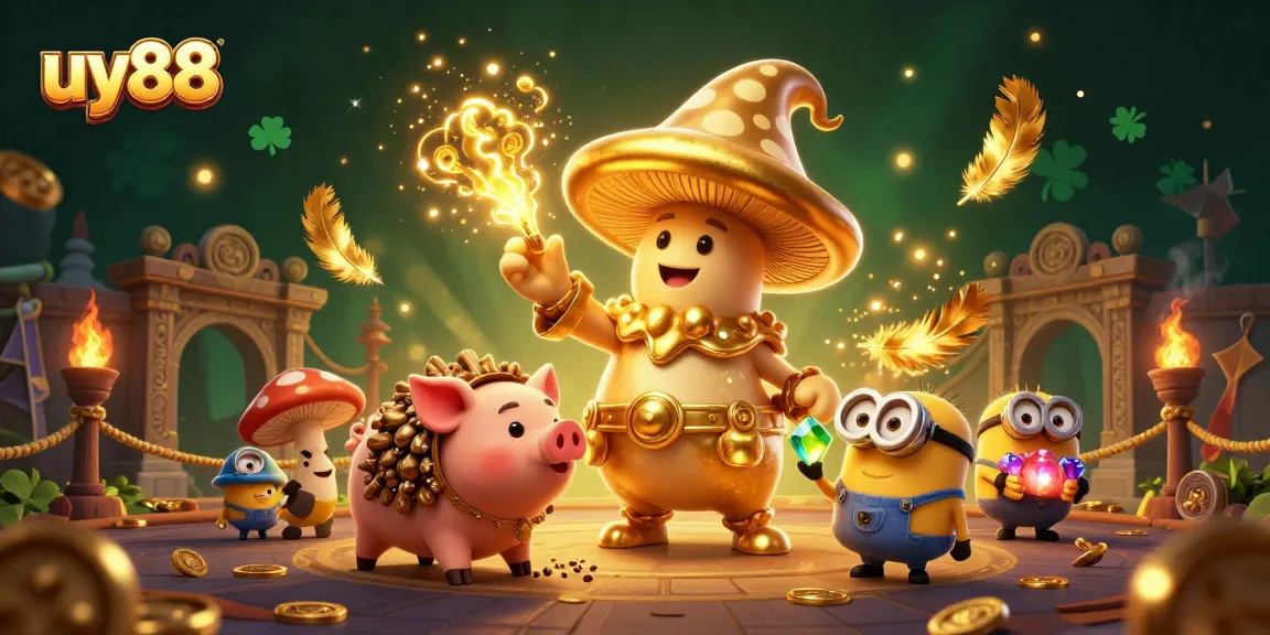 Enjoy exciting treasures and rewards with uy88 in this vibrant casino-themed illustration.