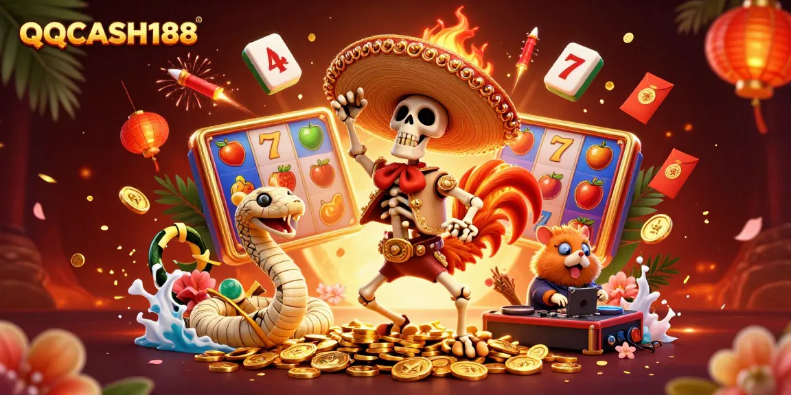 Experience the excitement of QQCASH188 with a vibrant 3D casino illustration featuring slot reels and a festive atmosphere.